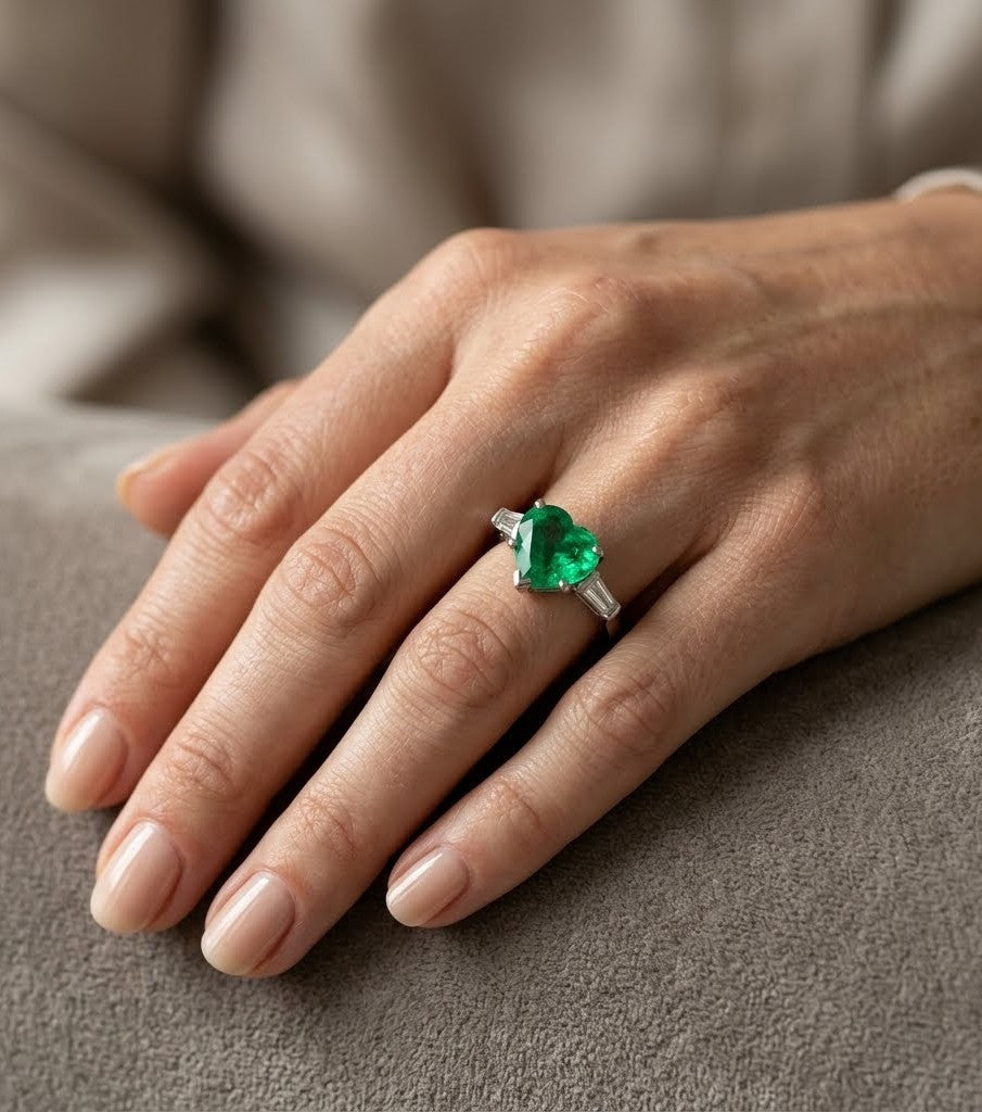 Columbian Emerald and Diamond Three-Stone Ring featuring Heart Shape Center and Tapered Baguette Accents