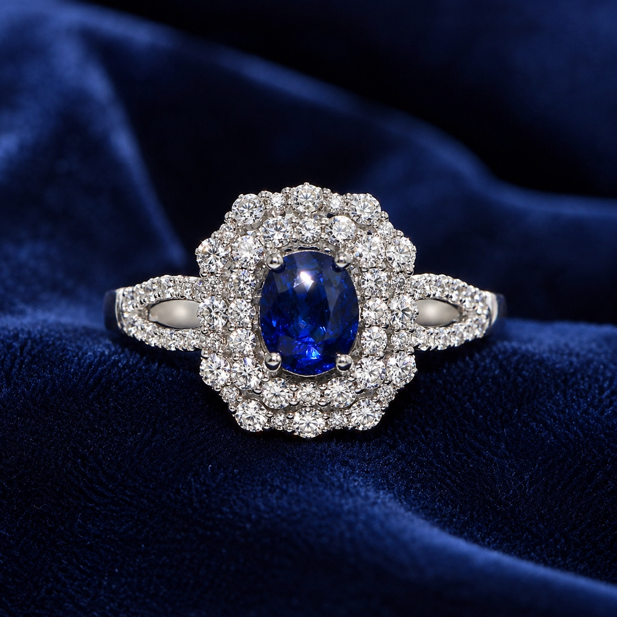 Kashmir Blue Sapphire and Diamond Double Halo Ring featuring Oval Cut Center and Split Shank Accents