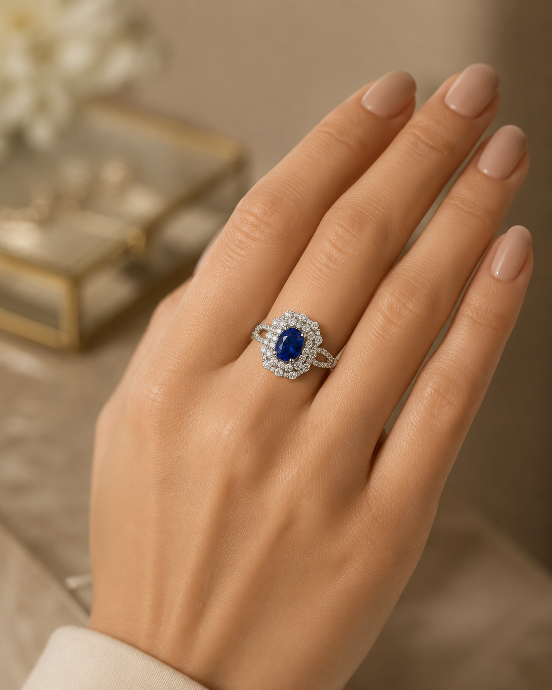 Kashmir Blue Sapphire and Diamond Double Halo Ring featuring Oval Cut Center and Split Shank Accents