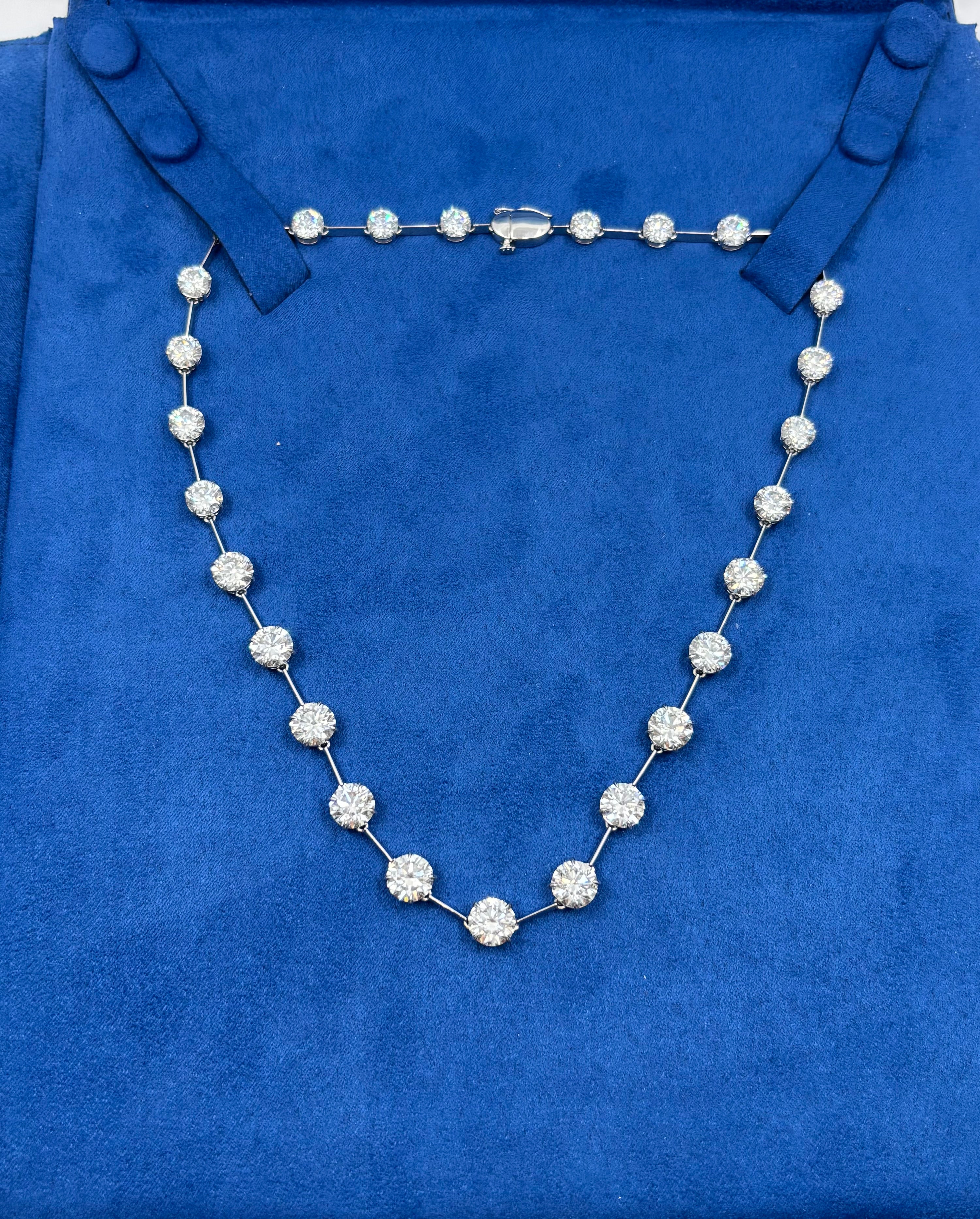 34.48 Carat GIA-Certified Round Diamond Tennis Riviere Necklace in 18K White Gold
