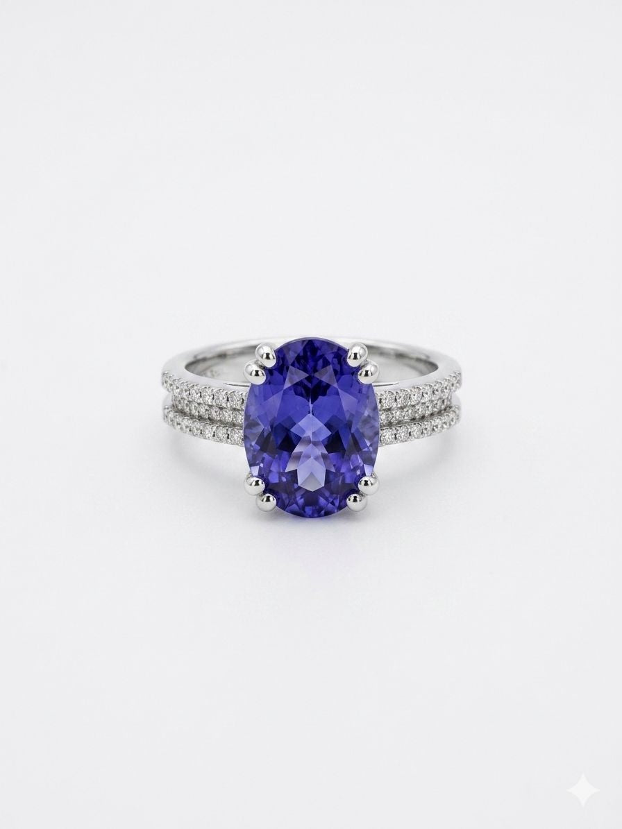 5.50ctw Oval Tanzanite and Diamond Pavé Band Ring featuring Double Row Accents