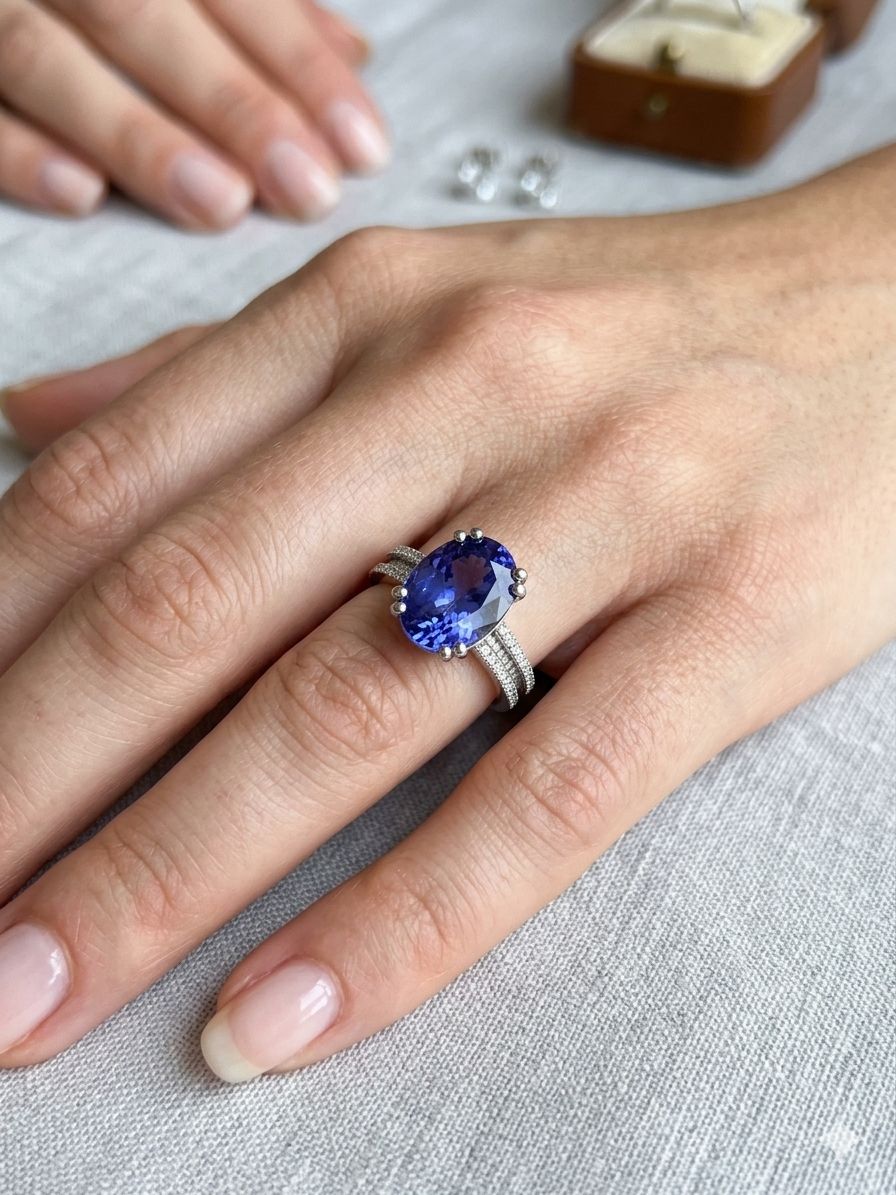 5.50ctw Oval Tanzanite and Diamond Pavé Band Ring featuring Double Row Accents