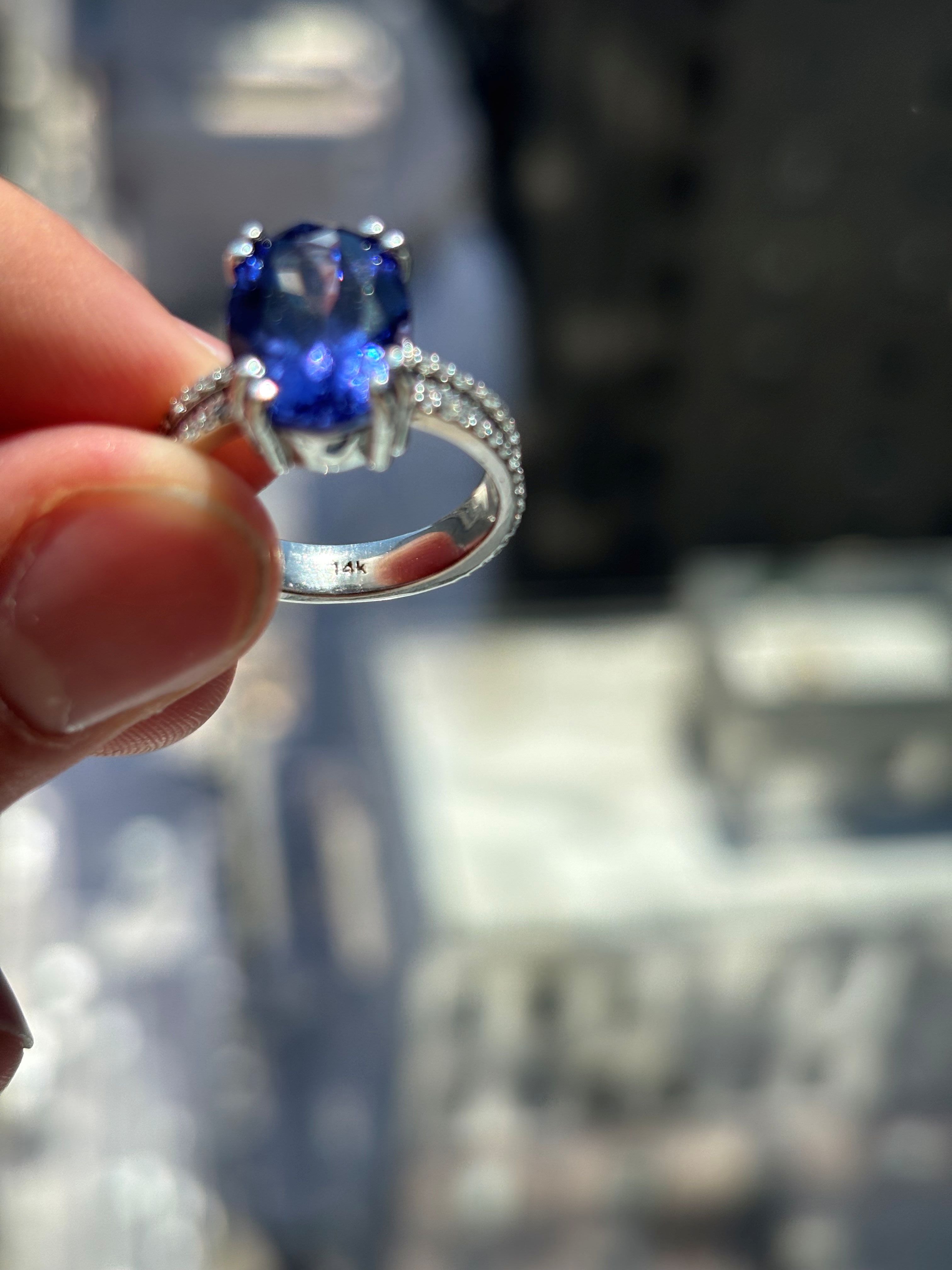 5.50ctw Oval Tanzanite and Diamond Pavé Band Ring featuring Double Row Accents