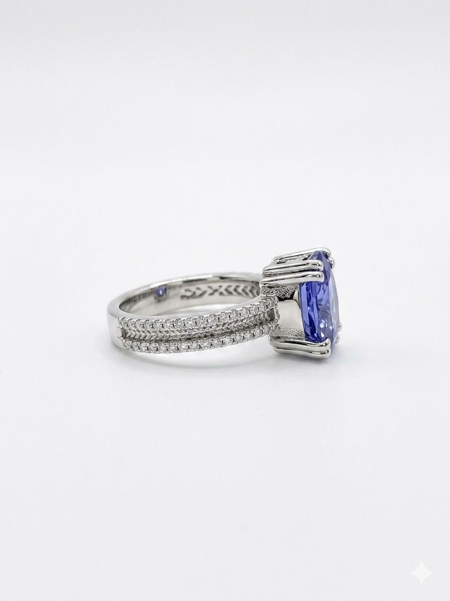 5.50ctw Oval Tanzanite and Diamond Pavé Band Ring featuring Double Row Accents