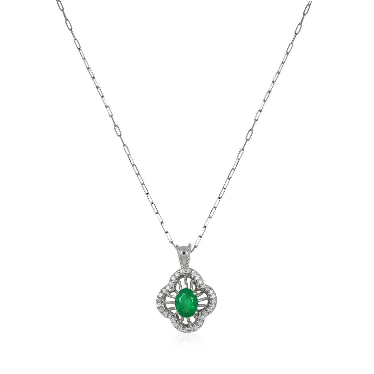 1.30 Ct. Emerald and Natural Diamond Pave Pendant, 14K White Gold