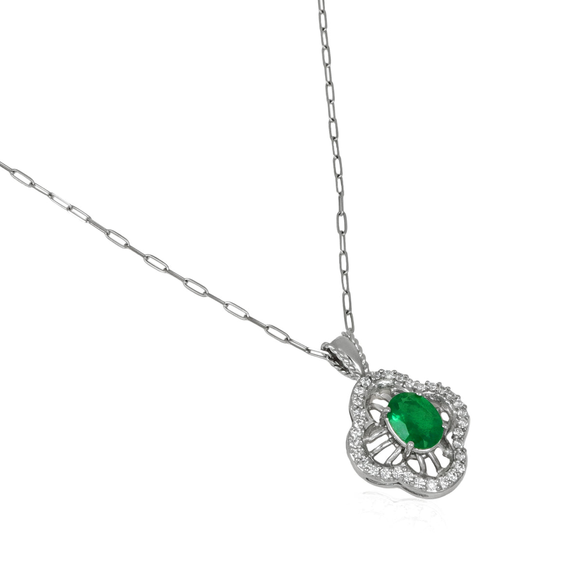1.30 Ct. Emerald and Natural Diamond Pave Pendant, 14K White Gold