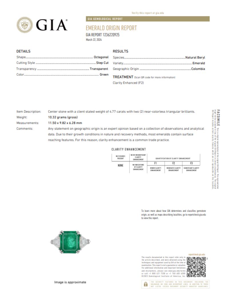 GIA Certified 4.77 Carat Colombian Emerald and 1.52 Carat Trilliant Diamond Platinum Three-Stone Ring