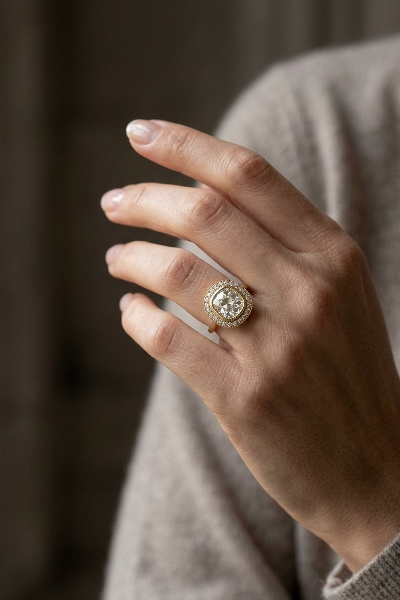Mark Broumand 3.32ct Old Mine Cut Diamond Halo Ring, 18K Yellow Gold