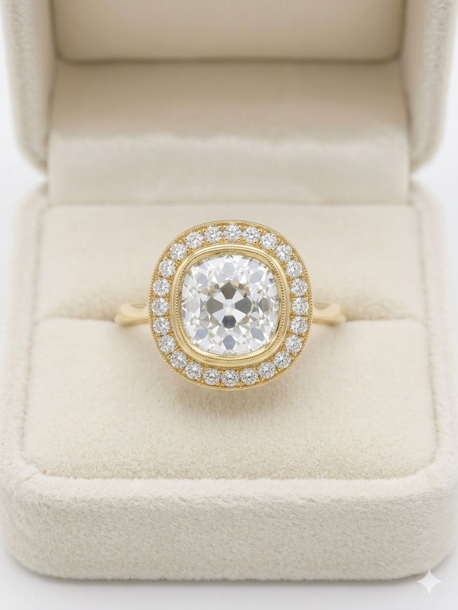 Mark Broumand 3.32ct Old Mine Cut Diamond Halo Ring, 18K Yellow Gold