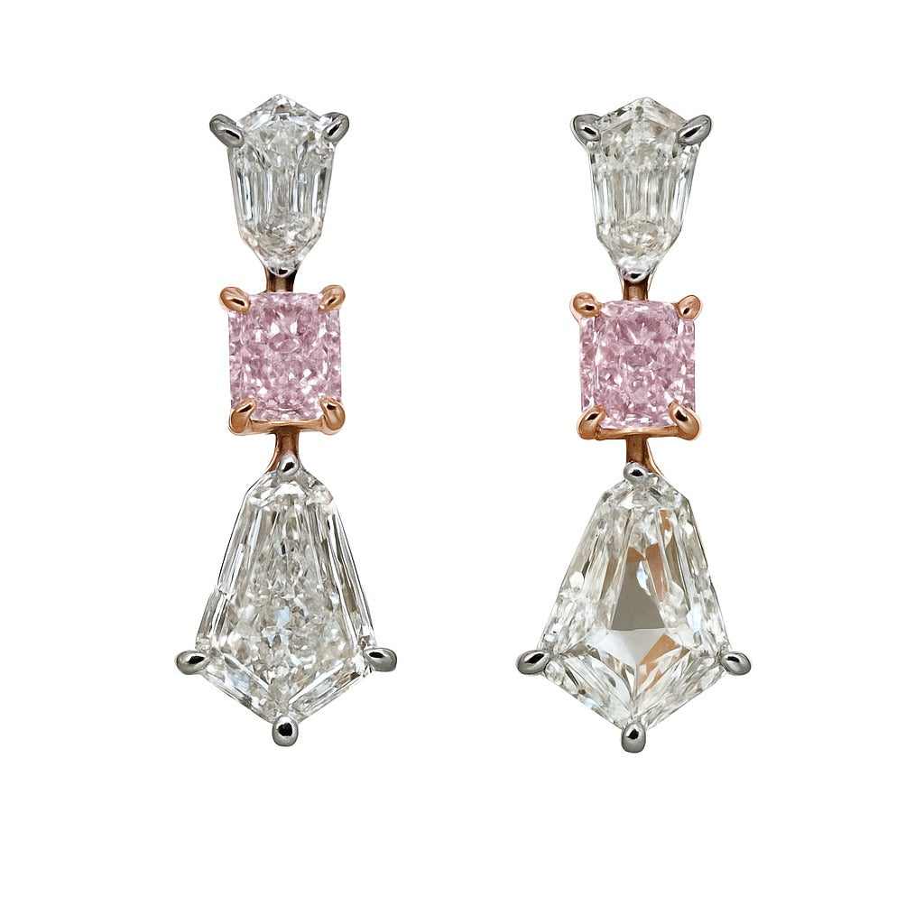 Fancy Pink and White Mixed Cut Diamond Drop Earrings.