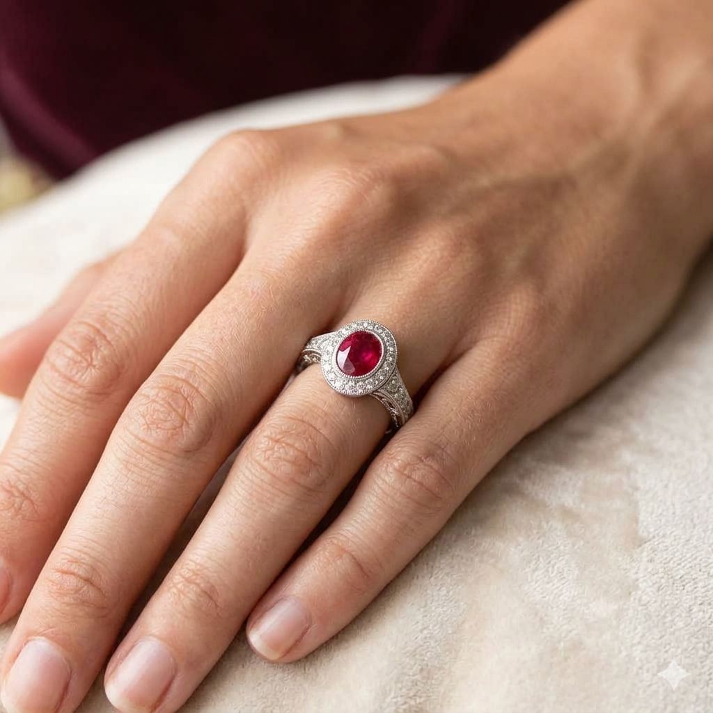 1.72ct "Pigeons Blood" Oval Cut Ruby & Diamond Halo Ring