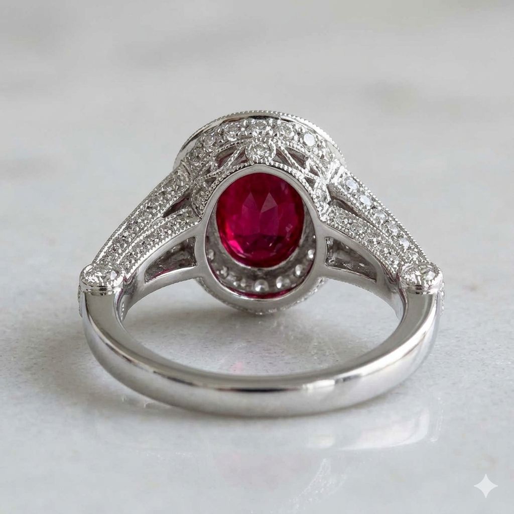 1.72ct "Pigeons Blood" Oval Cut Ruby & Diamond Halo Ring