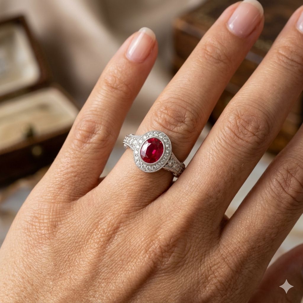 1.72ct "Pigeons Blood" Oval Cut Ruby & Diamond Halo Ring
