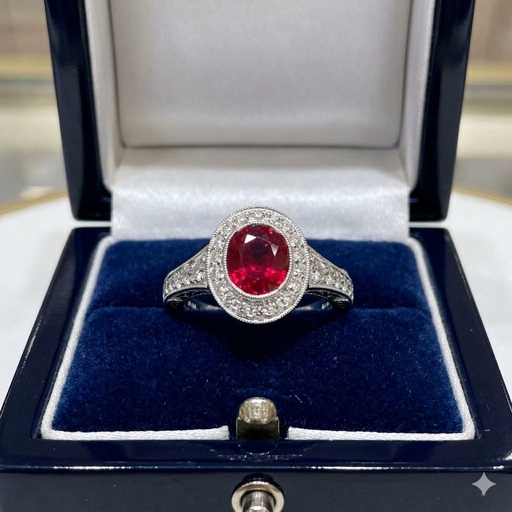 1.72ct "Pigeons Blood" Oval Cut Ruby & Diamond Halo Ring