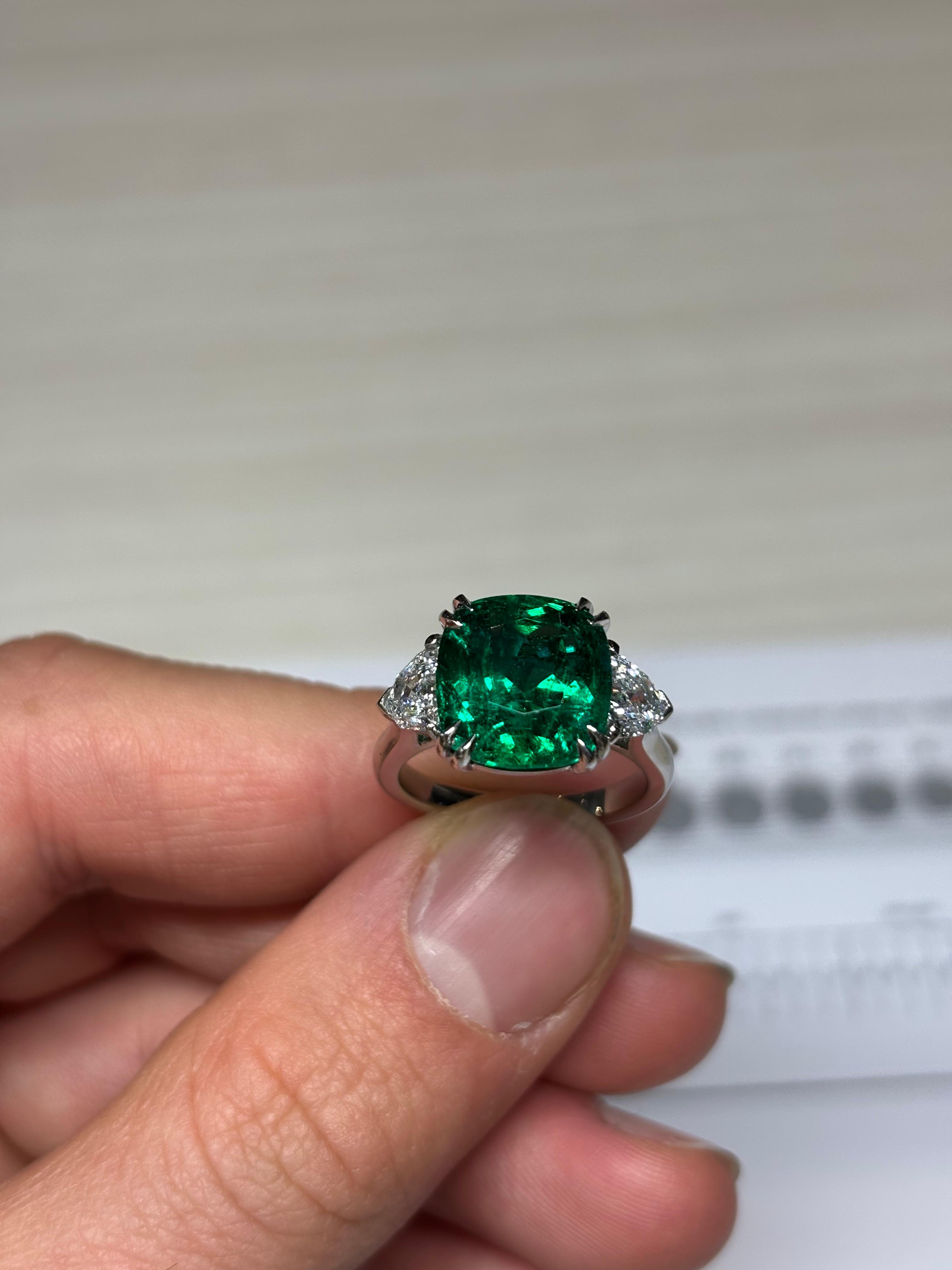 Cushion-Cut 6.28 Carat Emerald & Diamond Three-Stone Ring