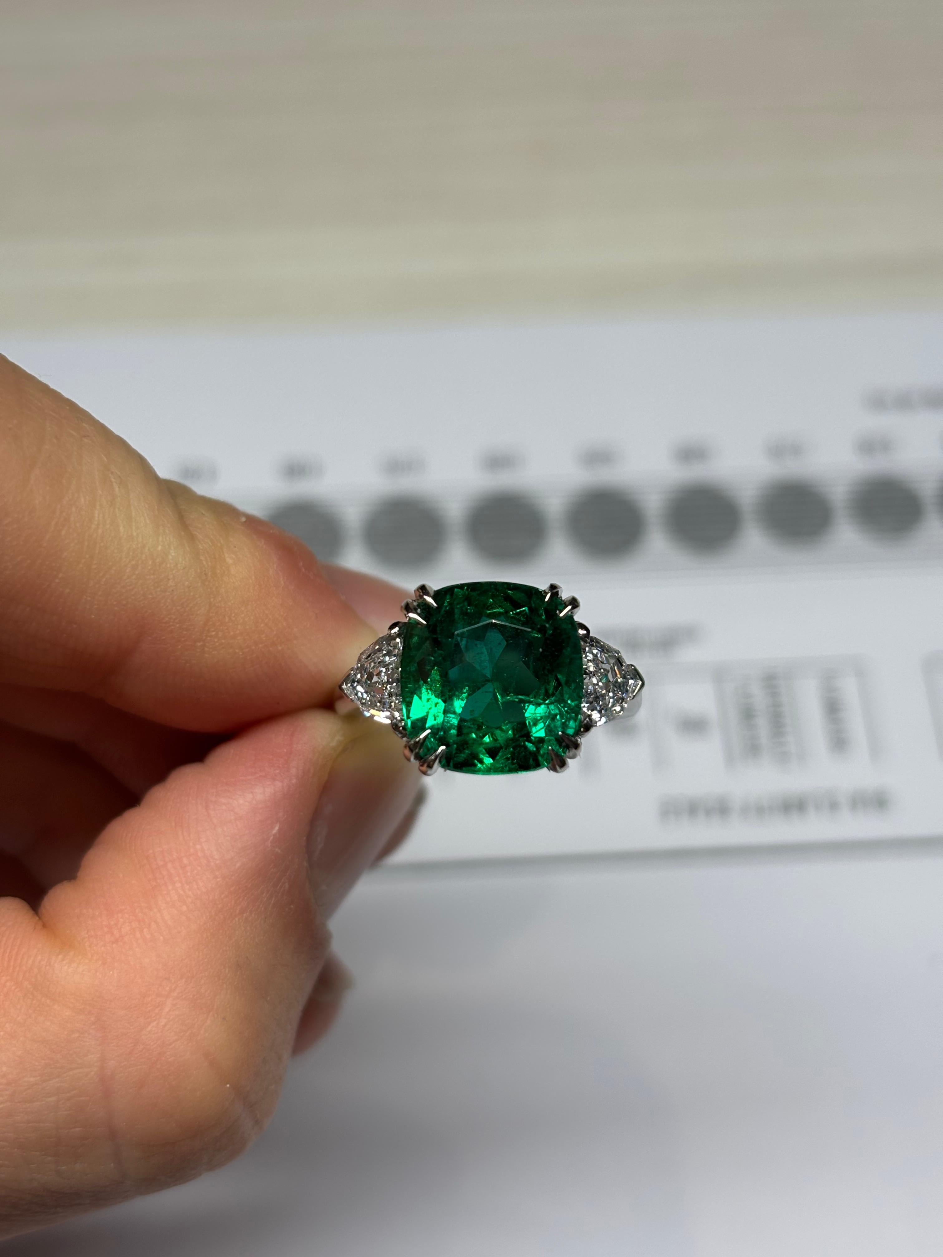 Cushion-Cut 6.28 Carat Emerald & Diamond Three-Stone Ring