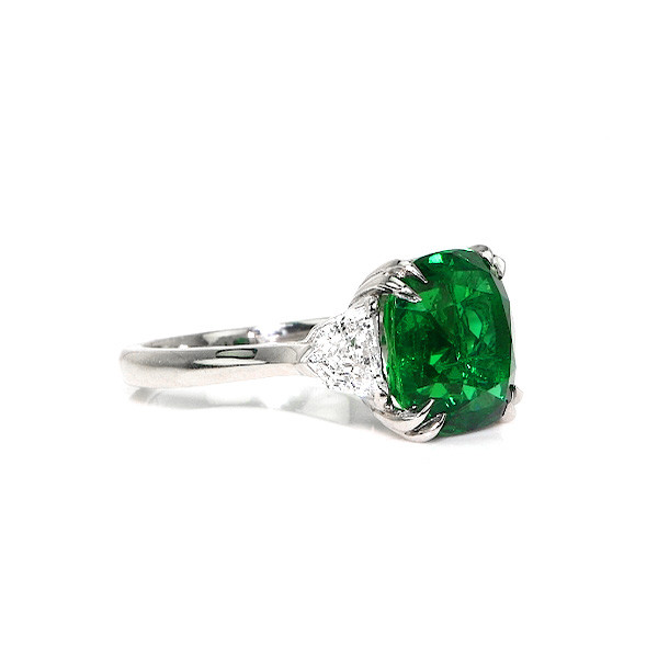 6.28ct Zambian Cushion Cut Emerald & Diamond Three-Stone Ring