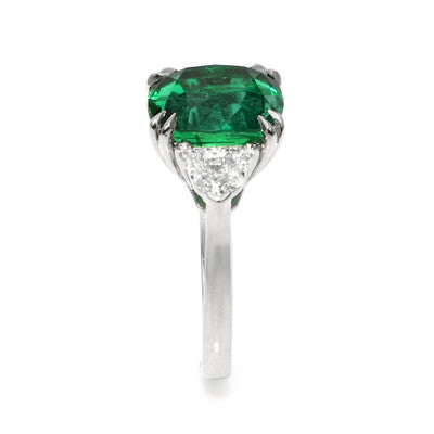 6.28ct Zambian Cushion Cut Emerald & Diamond Three-Stone Ring