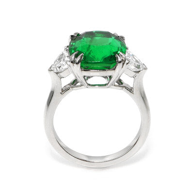 6.28ct Zambian Cushion Cut Emerald & Diamond Three-Stone Ring