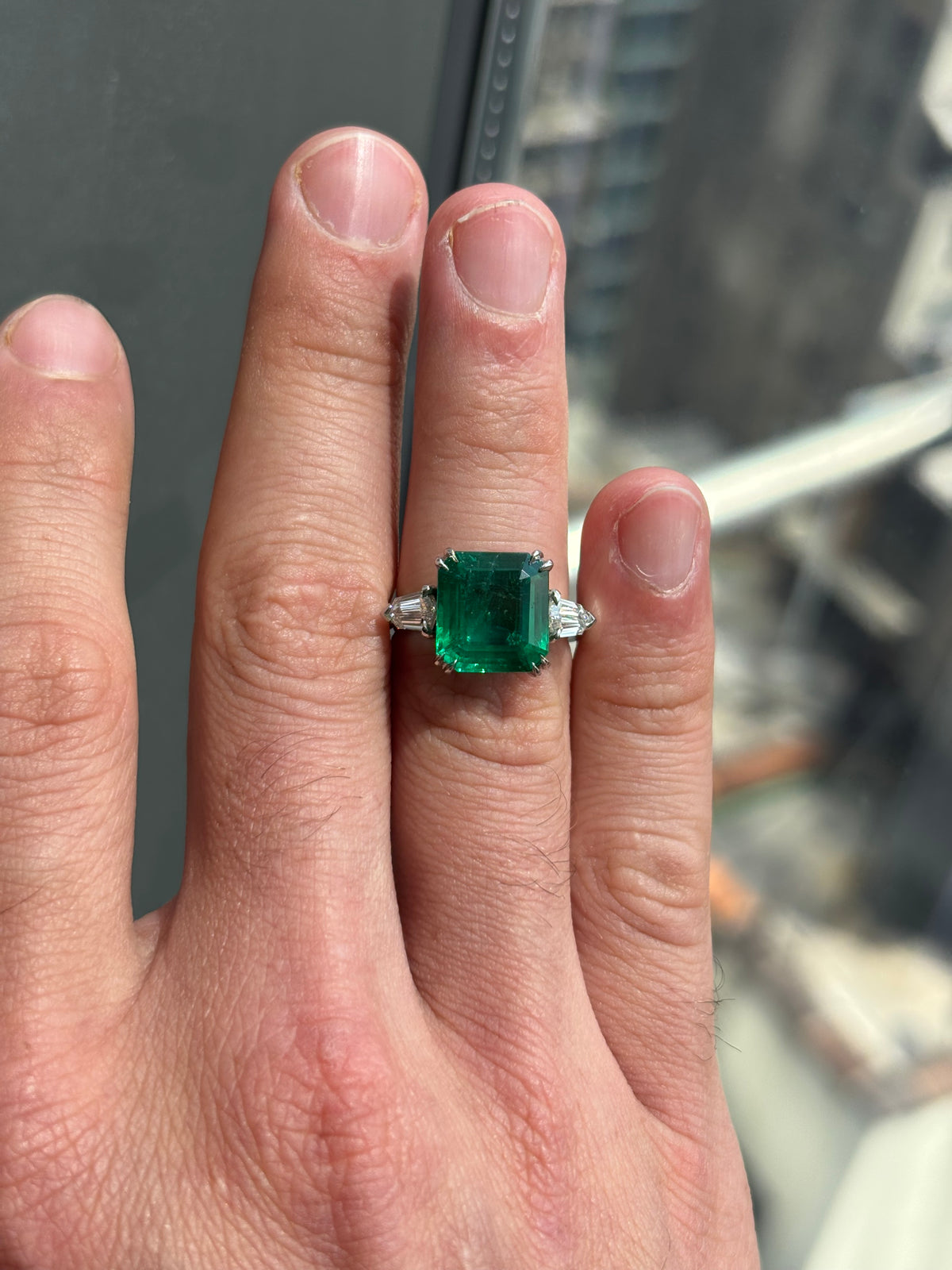 5.50ct Zambian Asscher Cut Emerald & Diamond Three-Stone Ring