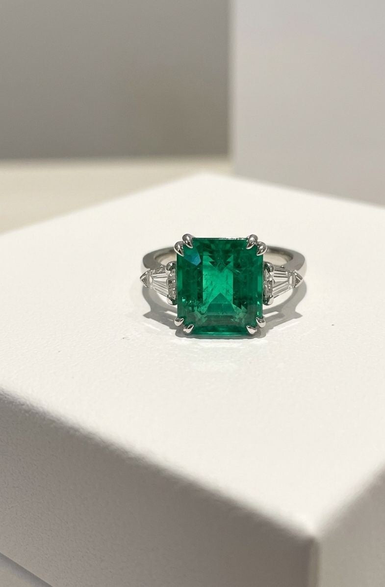 5.50ct Zambian Asscher Cut Emerald & Diamond Three-Stone Ring