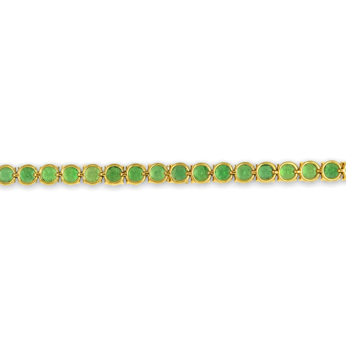 9.86 Carat Round Cut Green Emerald Tennis Bracelet in 18k Yellow Gold, 40 Natural Stones