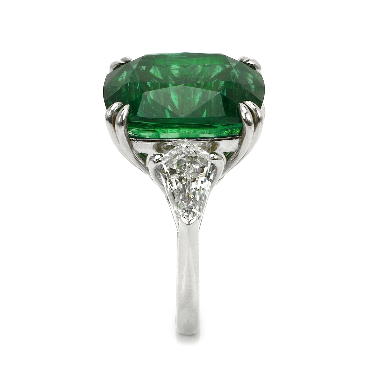 19.91 Carat Zambian Cushion Cut Emerald & Diamond Three-Stone Ring