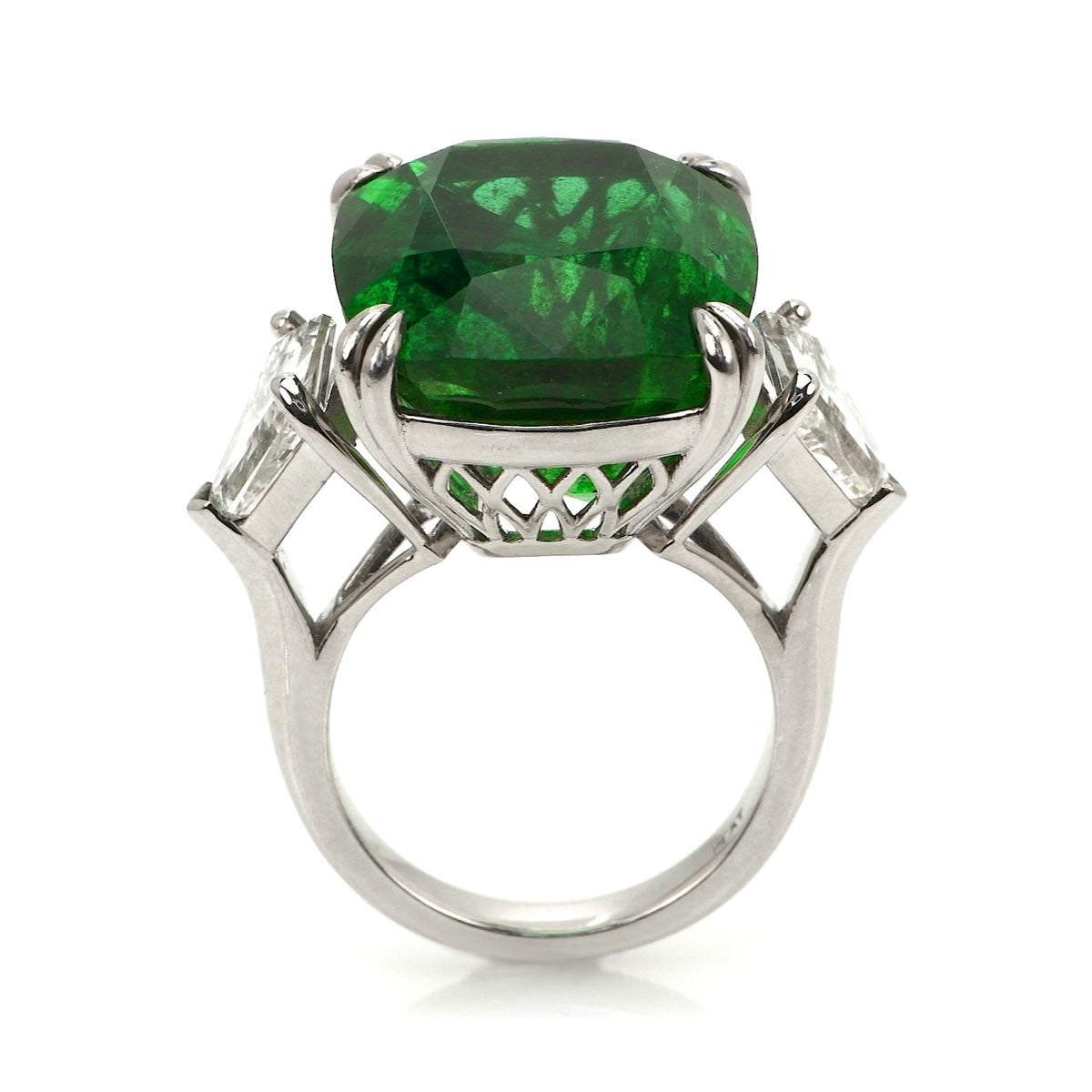 19.91 Carat Zambian Cushion Cut Emerald & Diamond Three-Stone Ring