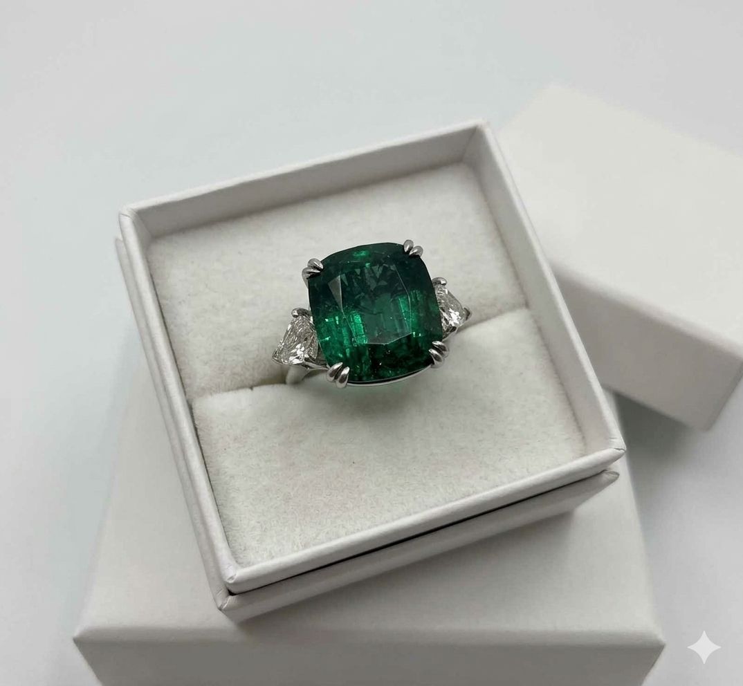 19.91 Carat Zambian Cushion Cut Emerald & Diamond Three-Stone Ring