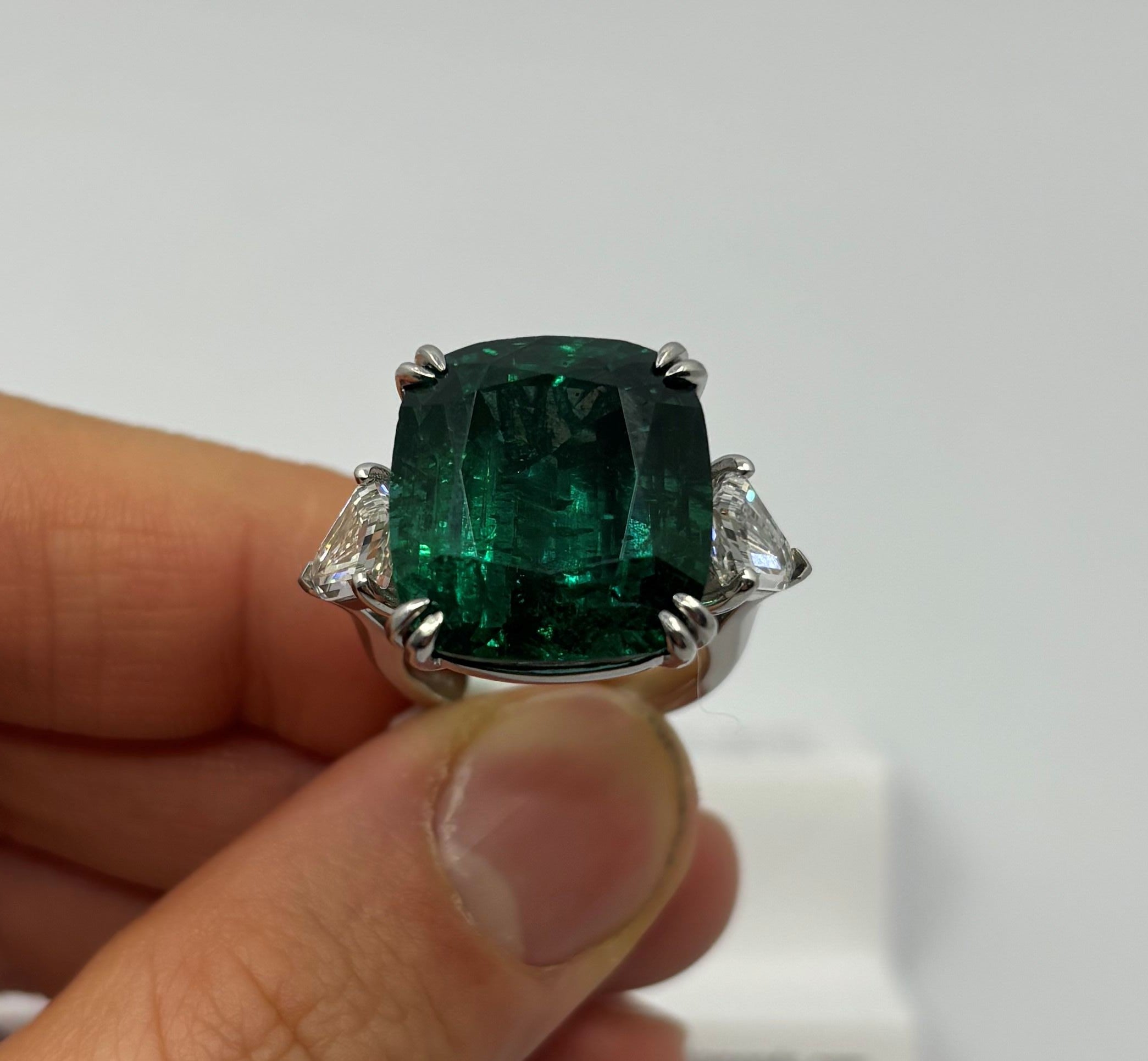 19.91 Carat Zambian Cushion Cut Emerald & Diamond Three-Stone Ring