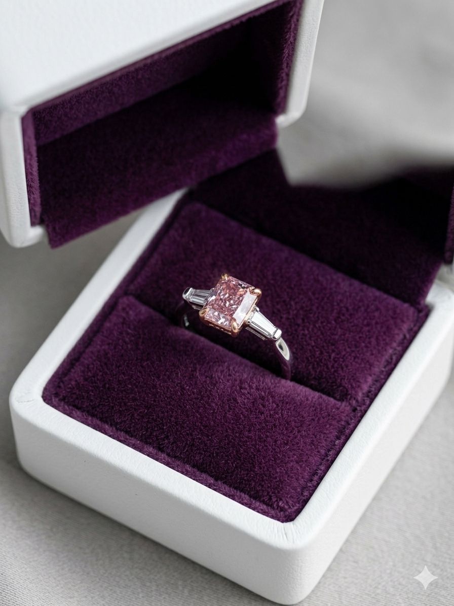1.10ct Fancy Intense Purple-Pink Radiant Cut Diamond Three-Stone Ring, Baguette Accents in Platinum