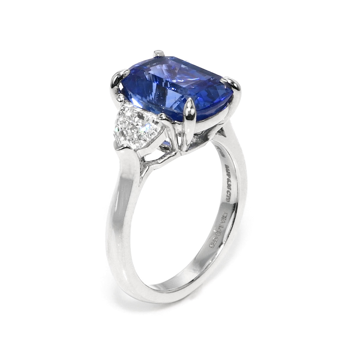 6.36ct Sri Lankan Blue Sapphire Cushion Cut & Diamond Three-Stone Ring