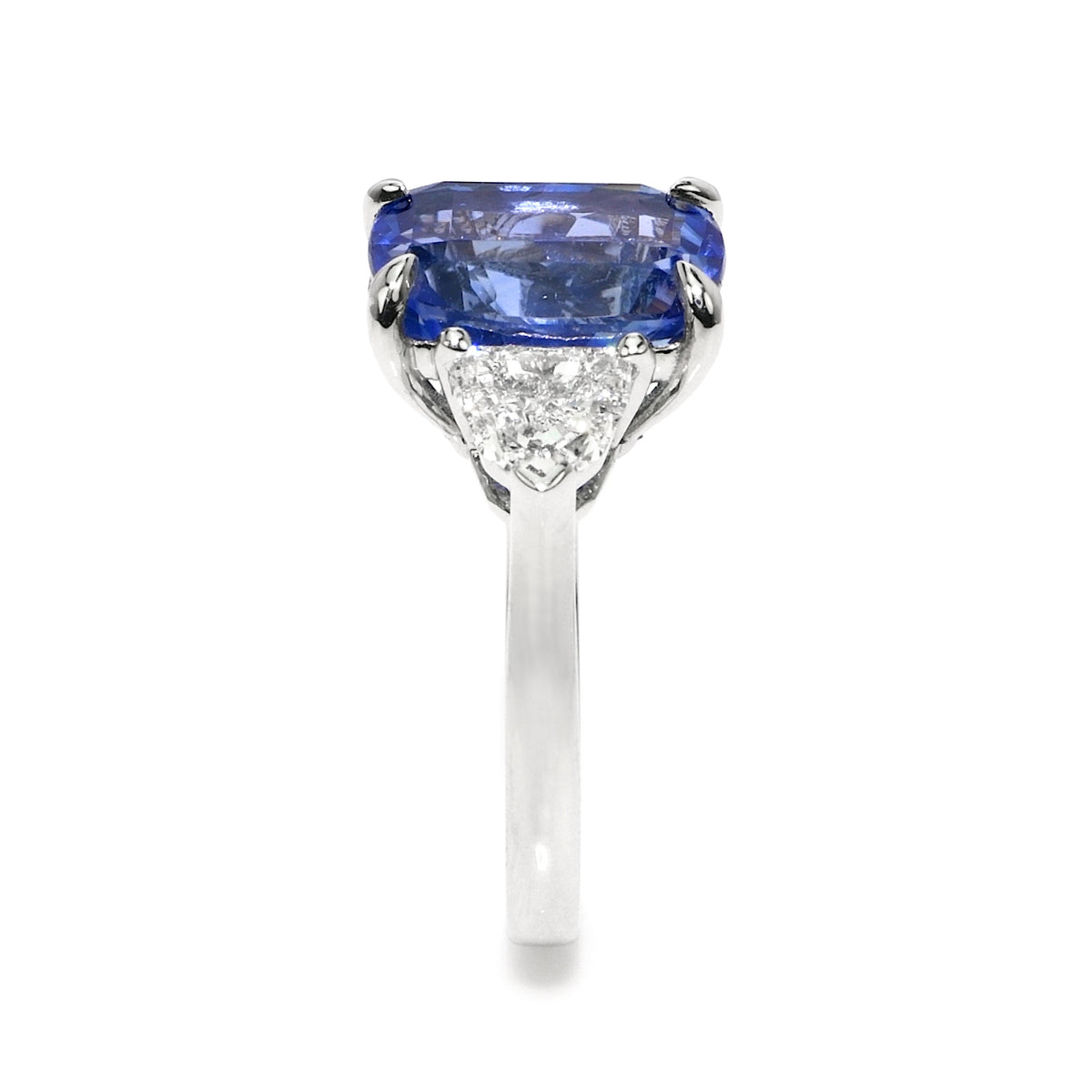 6.36ct Sri Lankan Blue Sapphire Cushion Cut & Diamond Three-Stone Ring