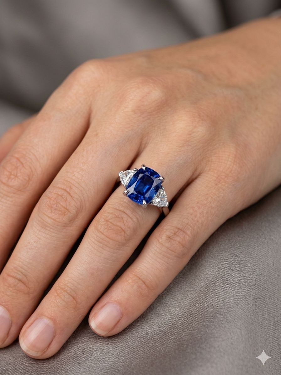 6.36ct Sri Lankan Blue Sapphire Cushion Cut & Diamond Three-Stone Ring