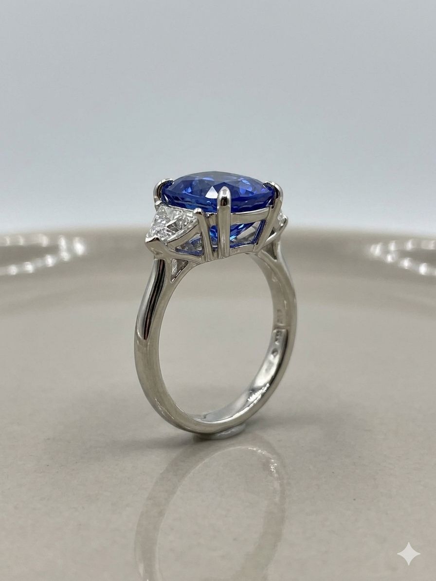6.36ct Sri Lankan Blue Sapphire Cushion Cut & Diamond Three-Stone Ring