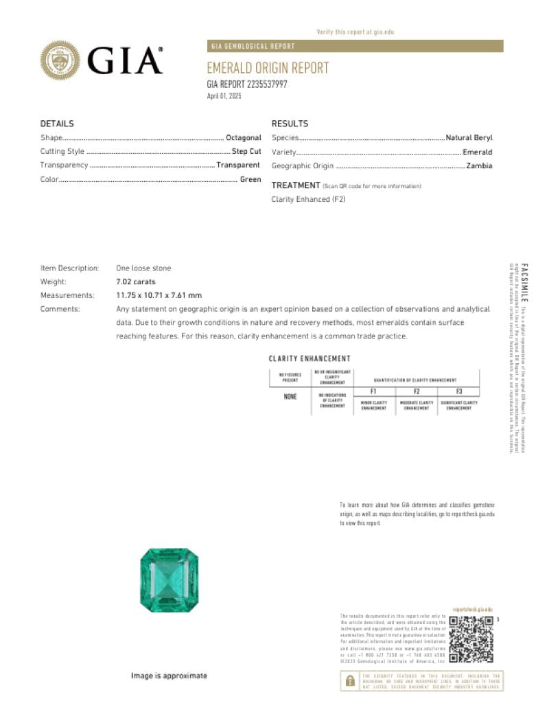 Square-Cut 7.02 Carat Emerald and Diamond Three-Stone Ring
