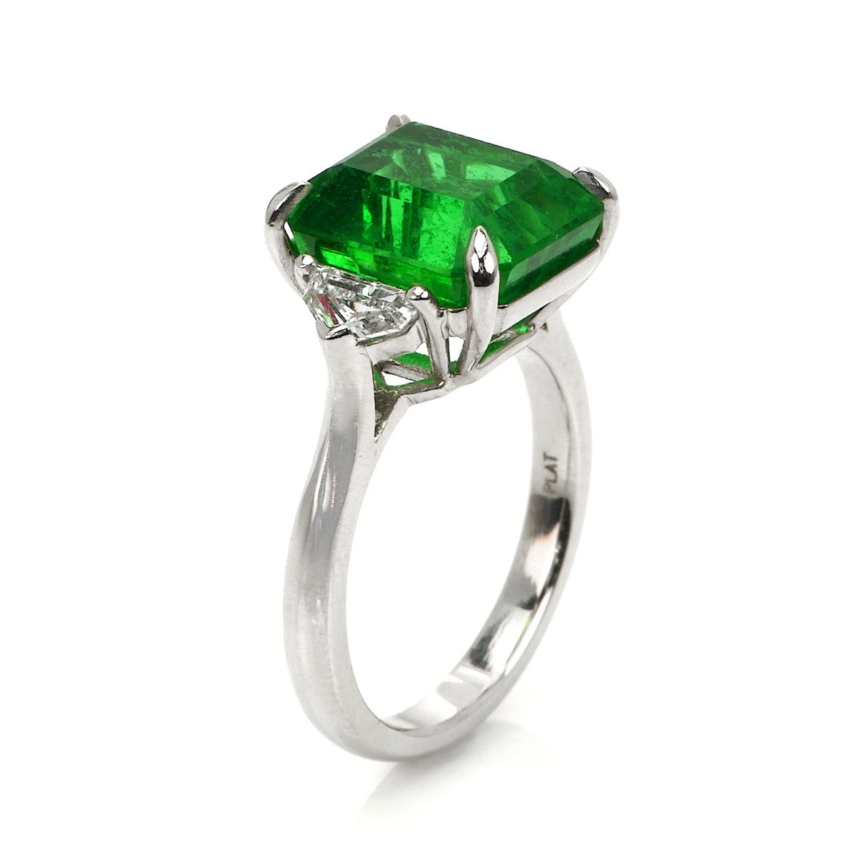 7.02 Carat Zambian Emerald Ring, GIA Certified Square Cut, Platinum Three-Stone Design