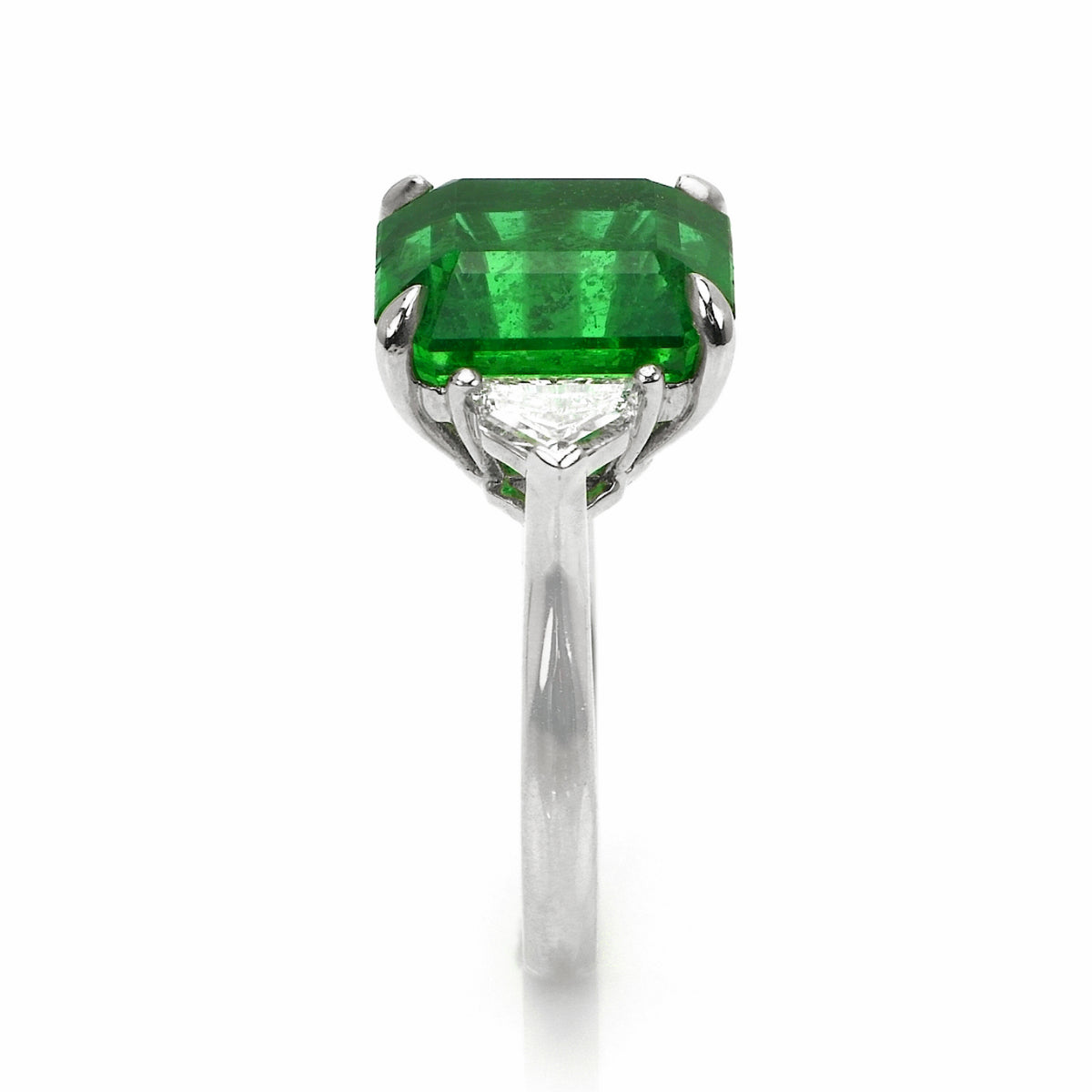 7.02 Carat Zambian Emerald Ring, GIA Certified Square Cut, Platinum Three-Stone Design