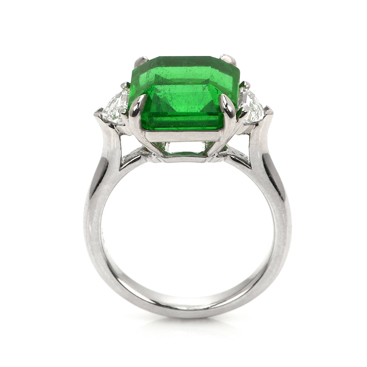 7.02 Carat Zambian Emerald Ring, GIA Certified Square Cut, Platinum Three-Stone Design