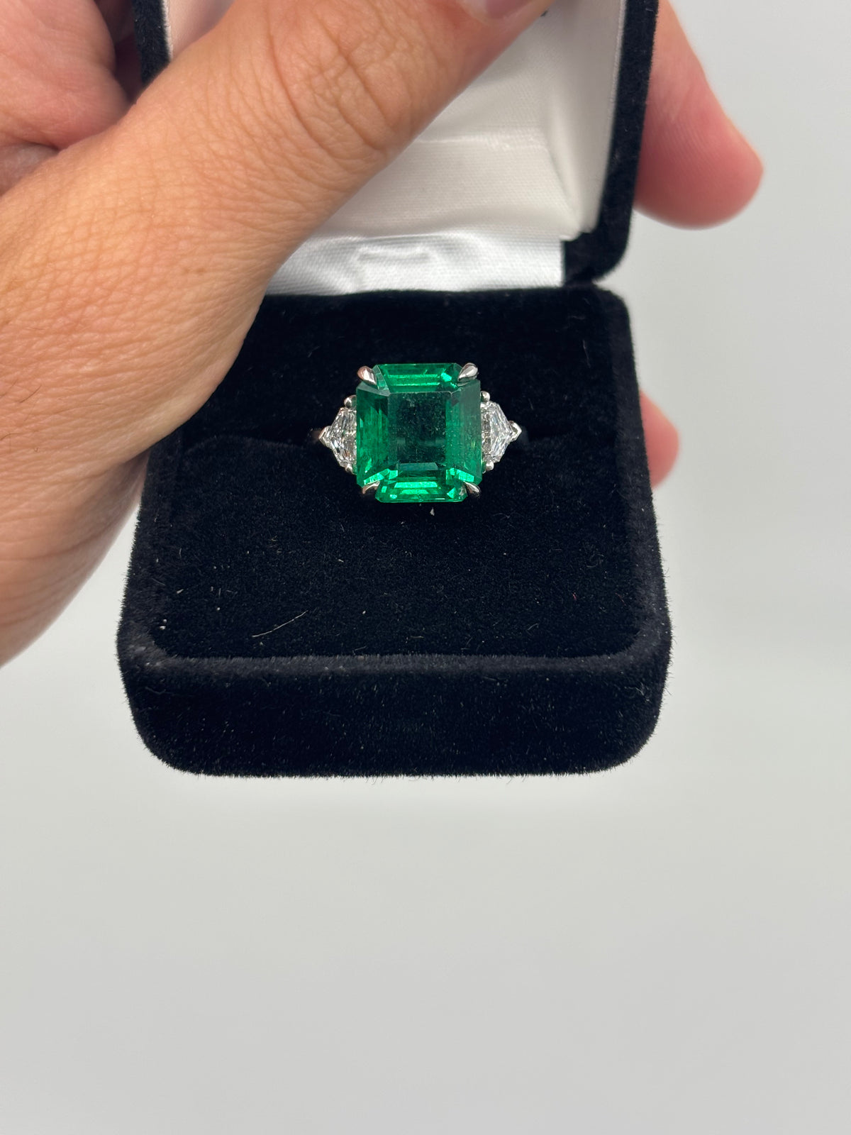 7.02 Carat Zambian Emerald Ring, GIA Certified Square Cut, Platinum Three-Stone Design