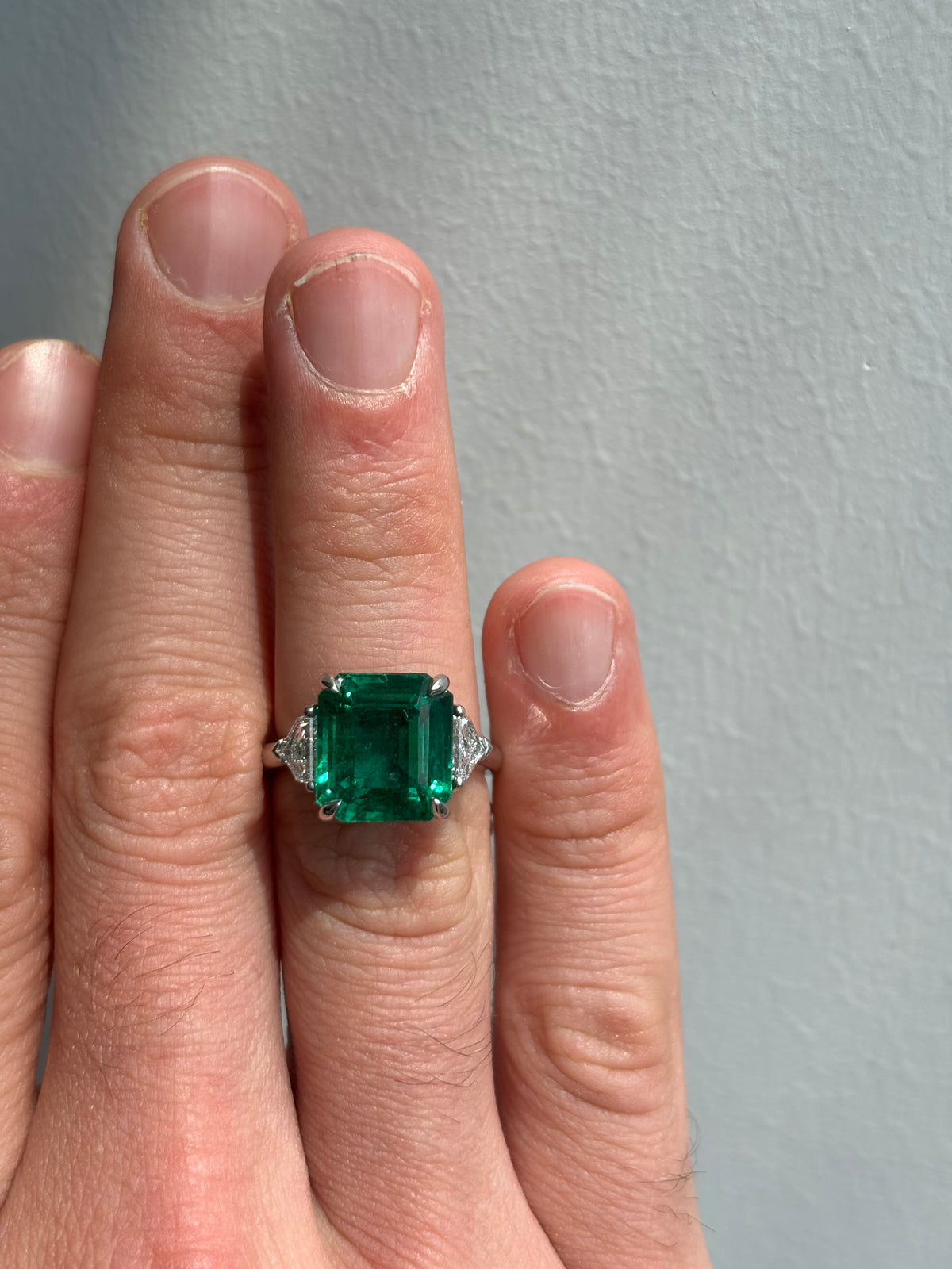 7.02 Carat Zambian Emerald Ring, GIA Certified Square Cut, Platinum Three-Stone Design