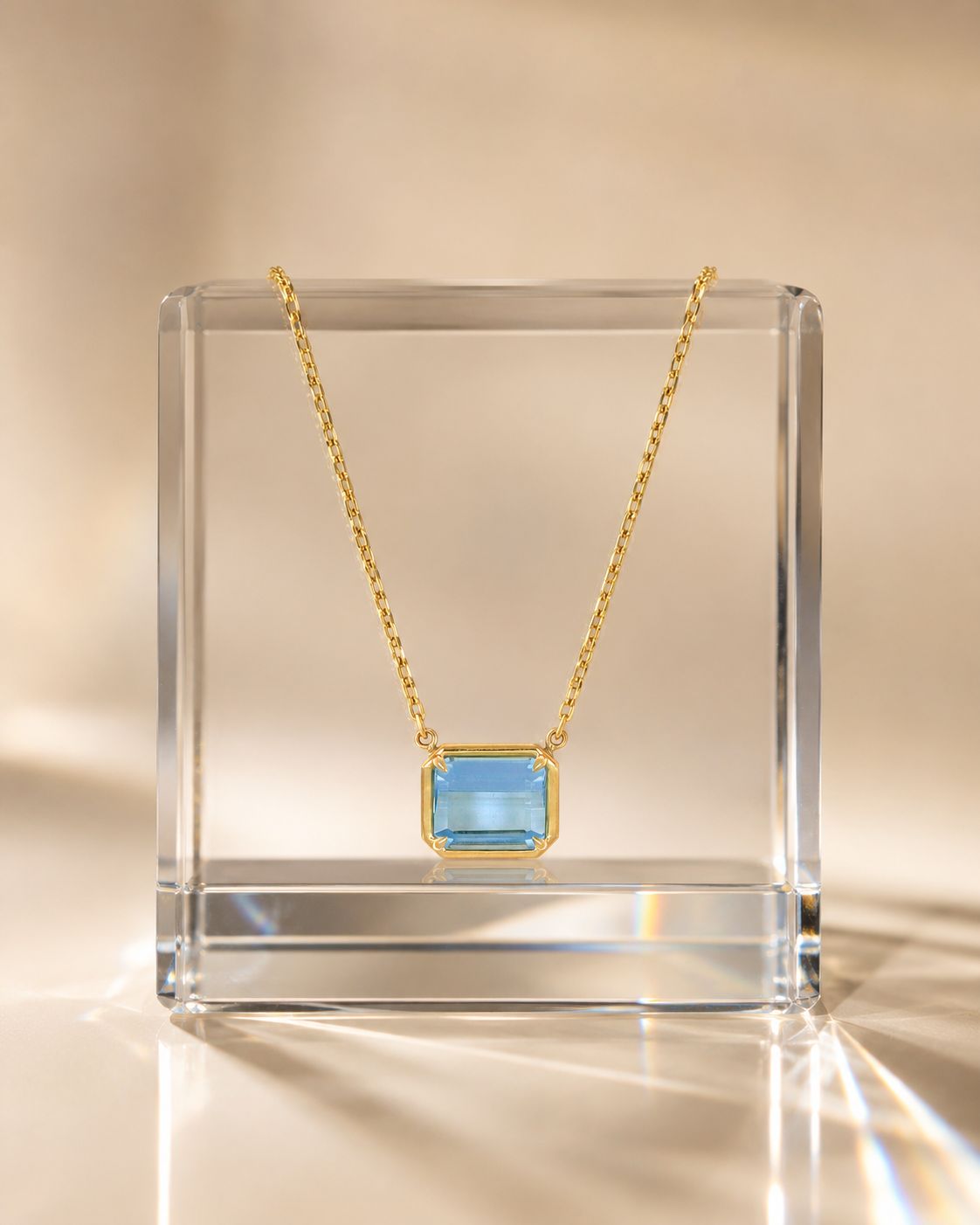 7.80 Ct. Blue Aquamarine Bezel Necklace, 14K Yellow Gold