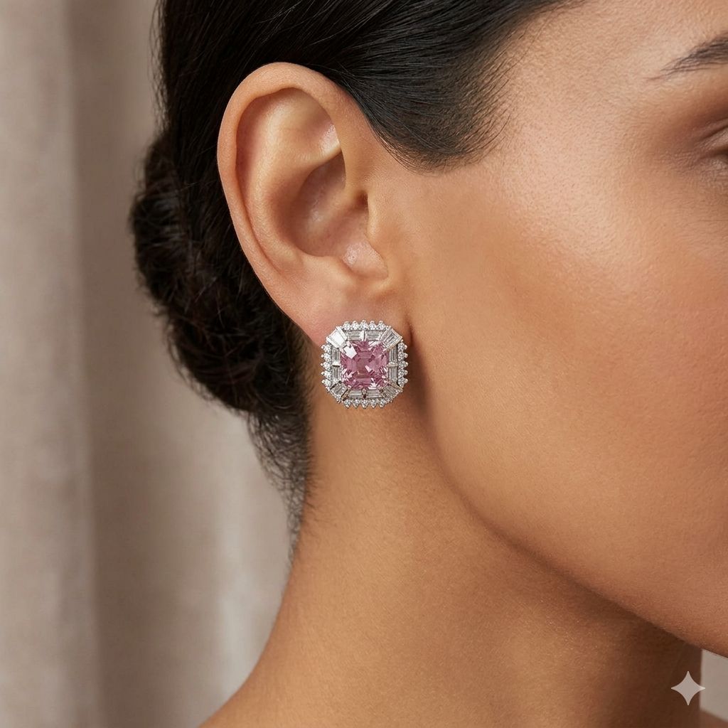 3.50 Ct. Pink Spinel and Natural Diamond Studs Earrings, 18K White Gold