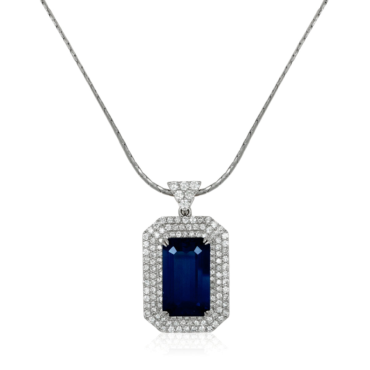 19.46 Ct. Greenish Blue Sapphire and Natural Diamond Pave Pendant, 18K White Gold