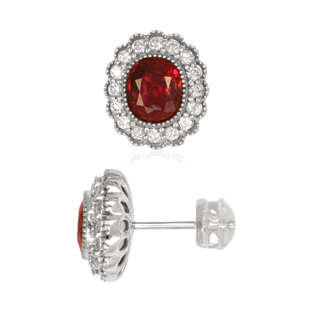 2.93 Carat Total Weight Oval Ruby and Diamond Halo Stud Earrings in Platinum