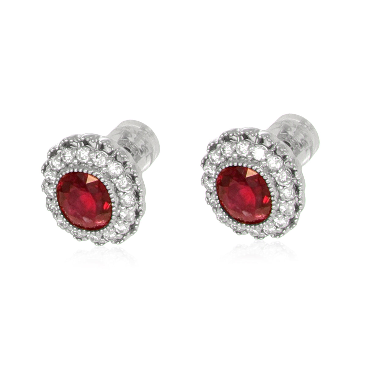 2.93 Carat Total Weight Oval Ruby and Diamond Halo Stud Earrings in Platinum, view 3
