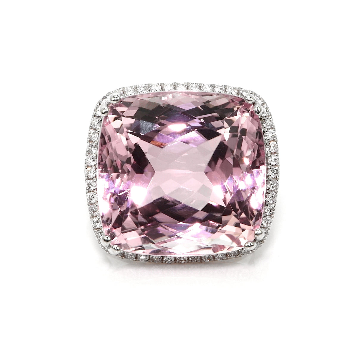 41.73 Ct. Pink Kunzite and Natural Diamond Halo Ring, 14K White Gold
