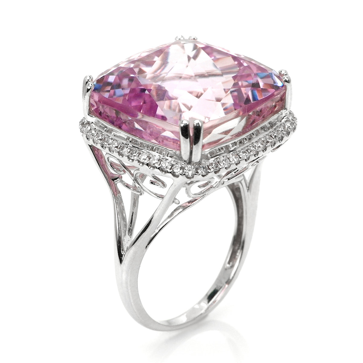 41.73 Ct. Pink Kunzite and Natural Diamond Halo Ring, 14K White Gold