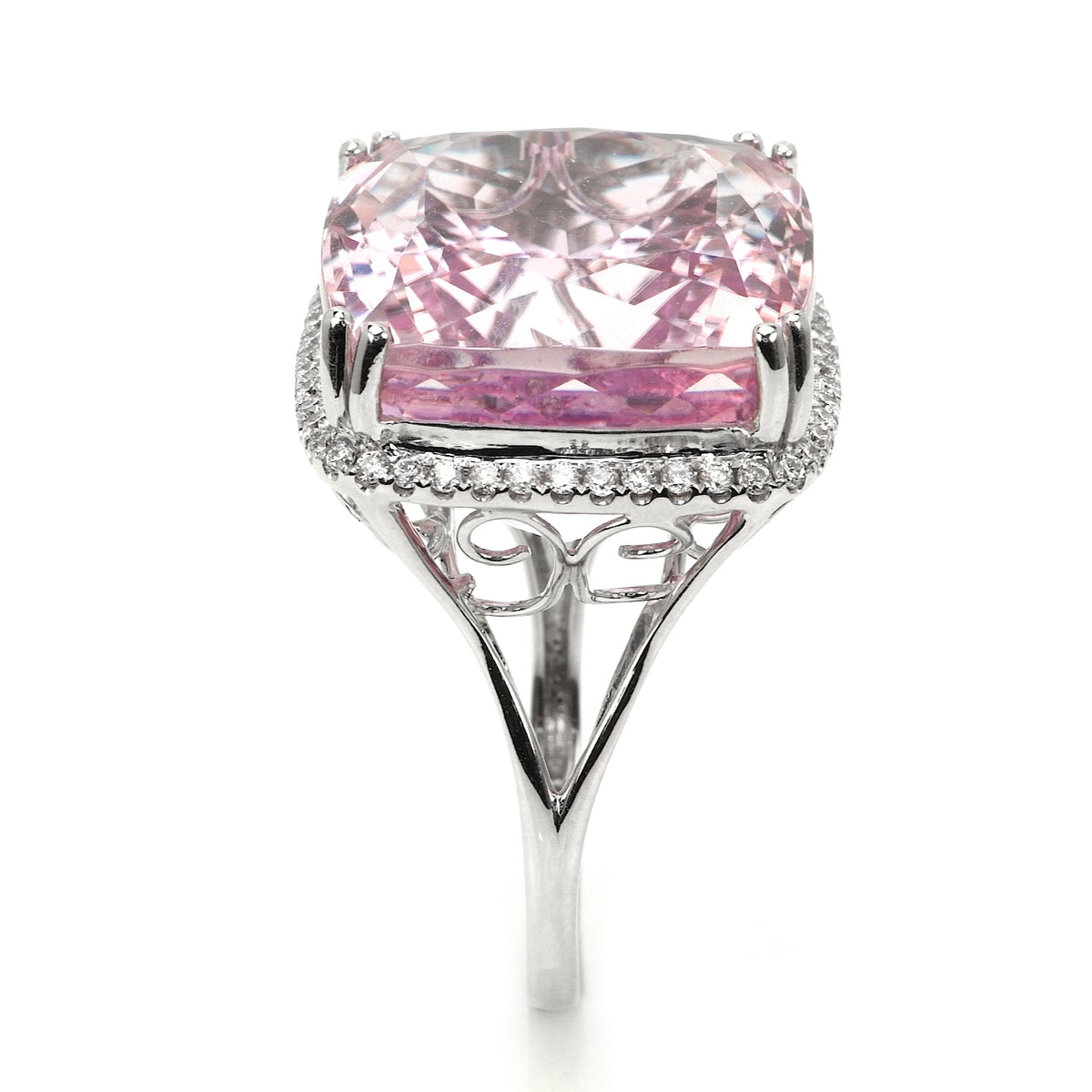 41.73 Ct. Pink Kunzite and Natural Diamond Halo Ring, 14K White Gold