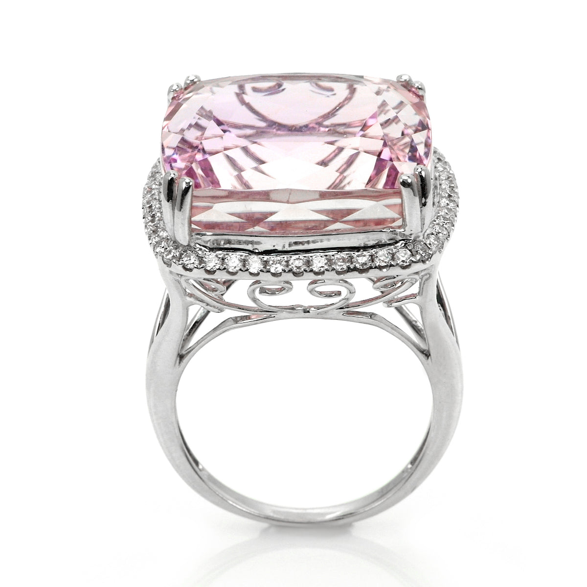 41.73 Ct. Pink Kunzite and Natural Diamond Halo Ring, 14K White Gold